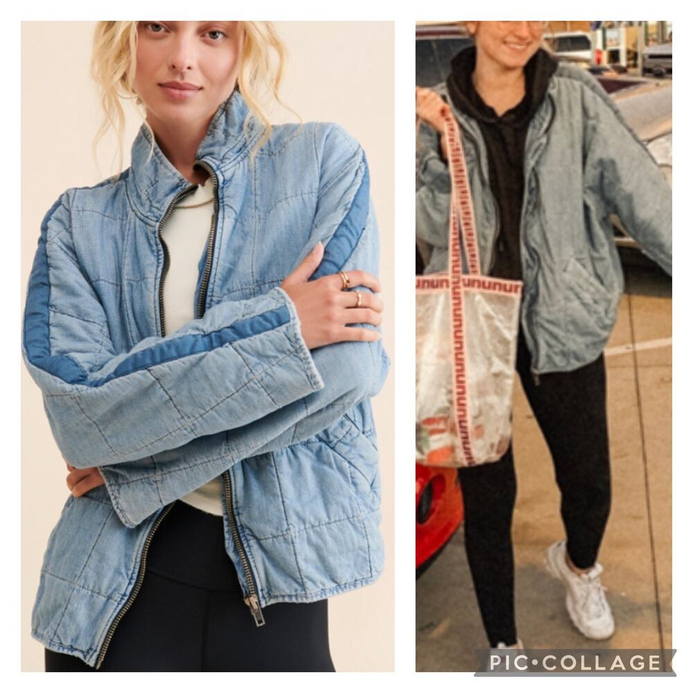 Free People Dolman Quilted Knit Jacket Oversized Coat sz S Denim Chambray Cotton